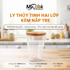LY THỦY TINH HAI LỚP  425ML - KÈM NẮP TRE